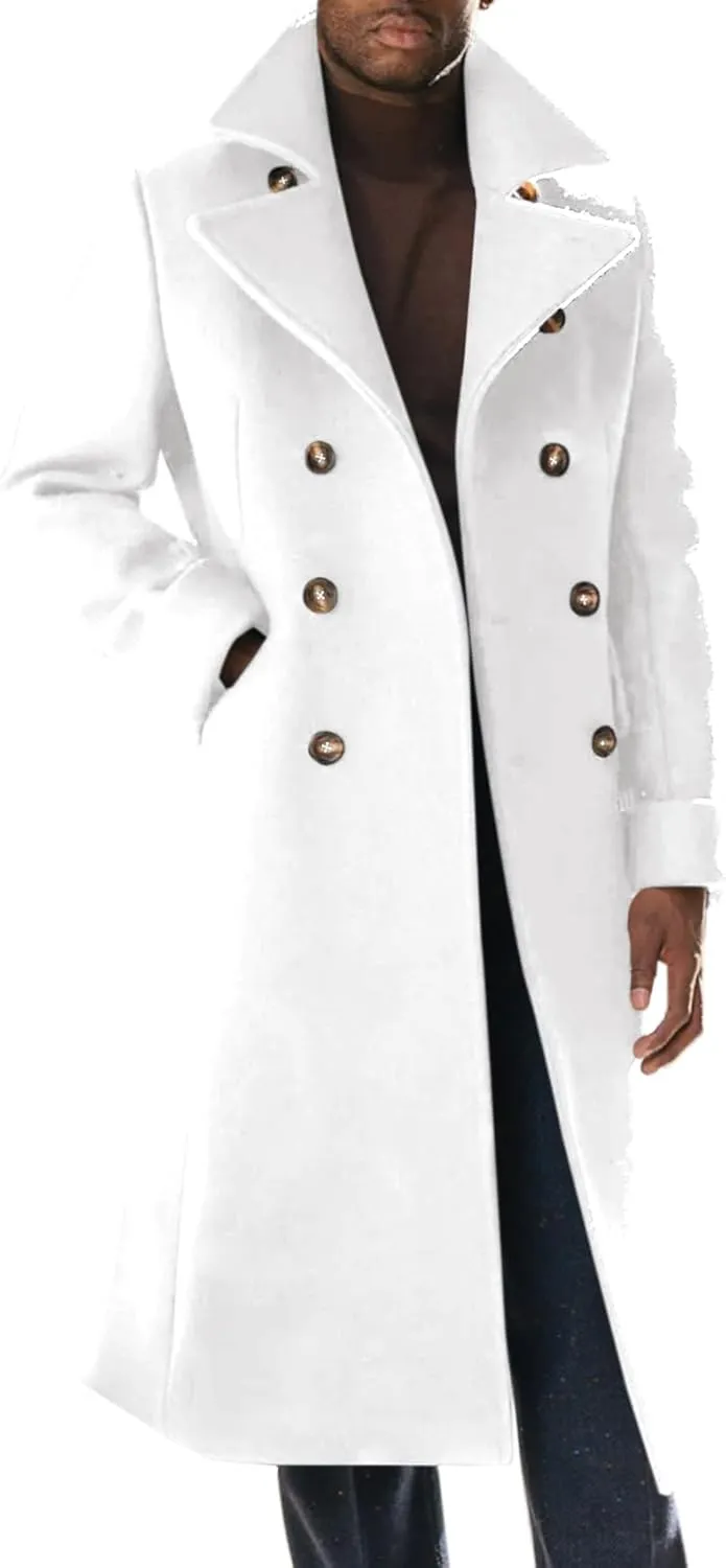 Runcati Mens Trench Coat Notch Lapel Slim Fit Double Breasted Wool Blend Long Pea Coat Winter Warm Overcoat