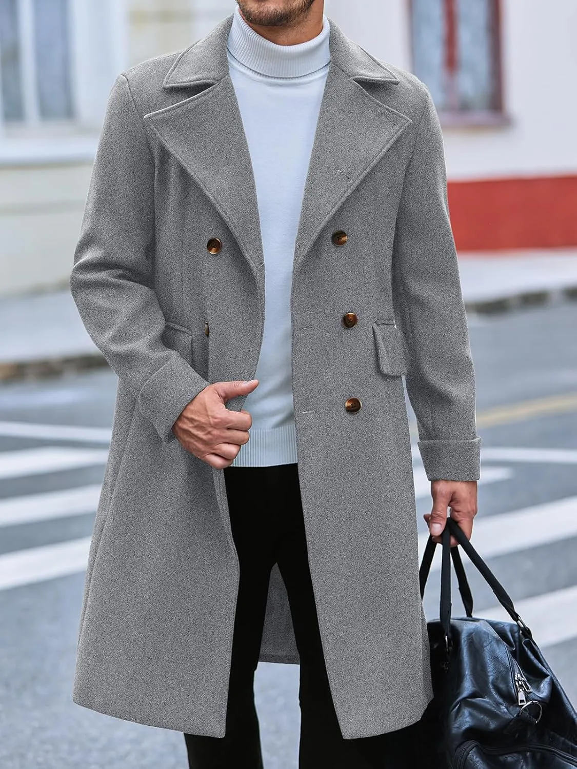 Runcati Mens Trench Coat Notch Lapel Slim Fit Double Breasted Wool Blend Long Pea Coat Winter Warm Overcoat