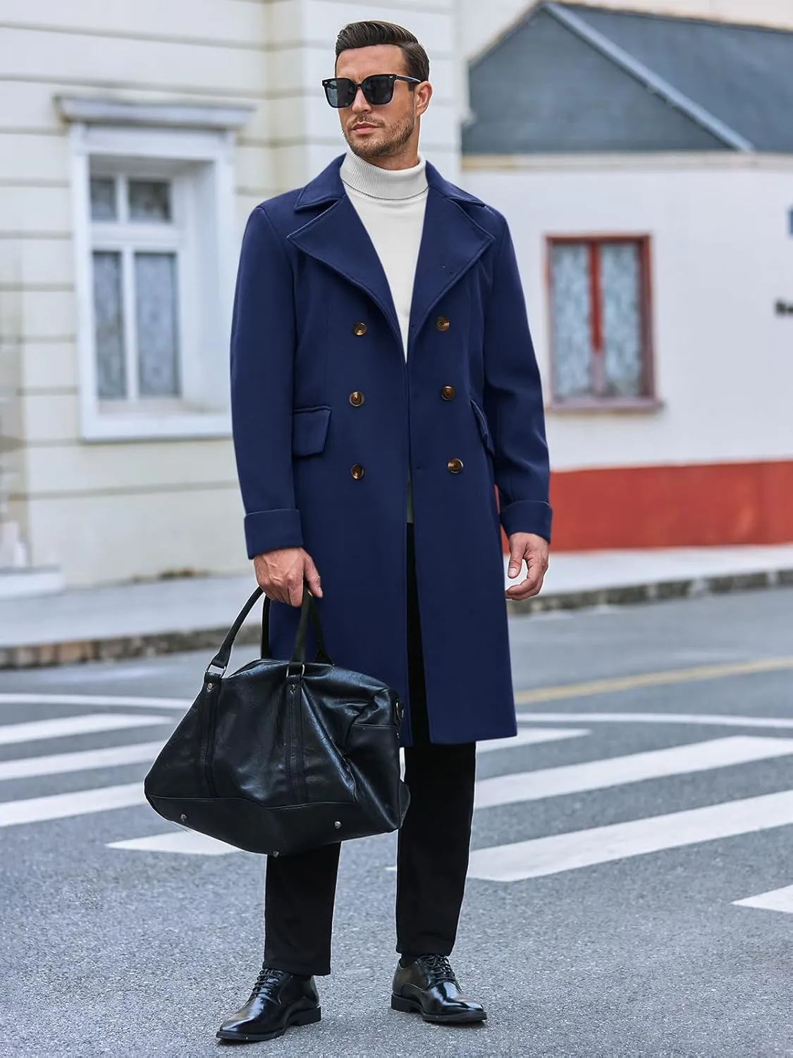 Runcati Mens Trench Coat Notch Lapel Slim Fit Double Breasted Wool Blend Long Pea Coat Winter Warm Overcoat