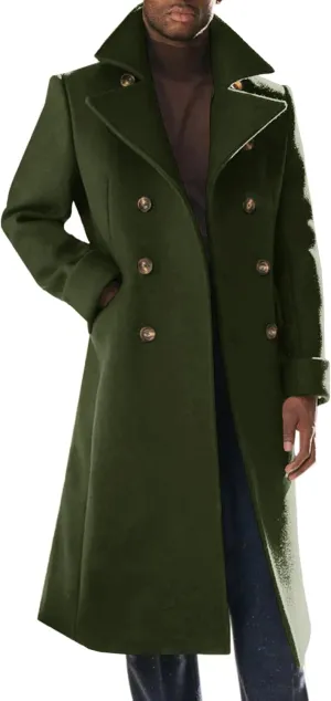 Runcati Mens Trench Coat Notch Lapel Slim Fit Double Breasted Wool Blend Long Pea Coat Winter Warm Overcoat