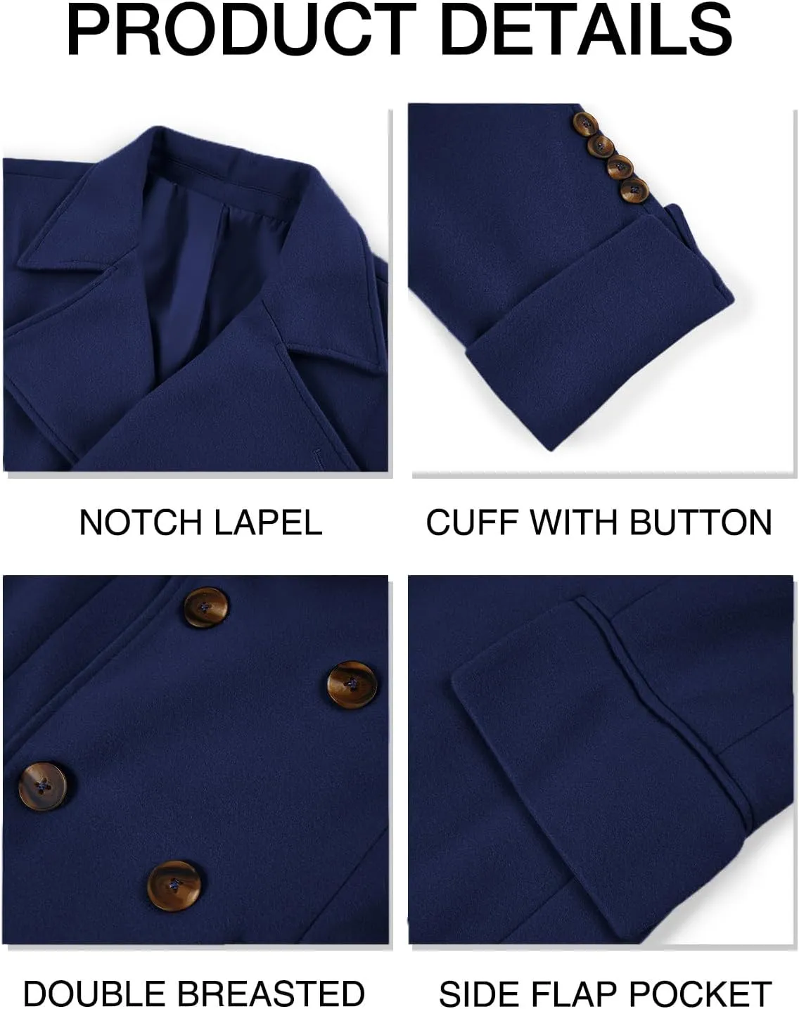 Runcati Mens Trench Coat Notch Lapel Slim Fit Double Breasted Wool Blend Long Pea Coat Winter Warm Overcoat