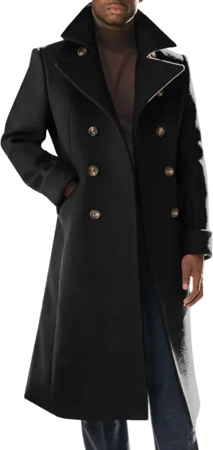 Runcati Mens Trench Coat Notch Lapel Slim Fit Double Breasted Wool Blend Long Pea Coat Winter Warm Overcoat