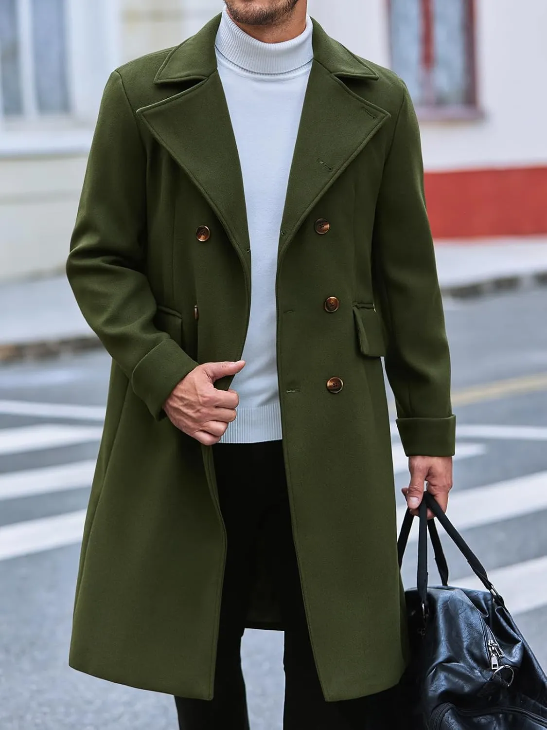 Runcati Mens Trench Coat Notch Lapel Slim Fit Double Breasted Wool Blend Long Pea Coat Winter Warm Overcoat