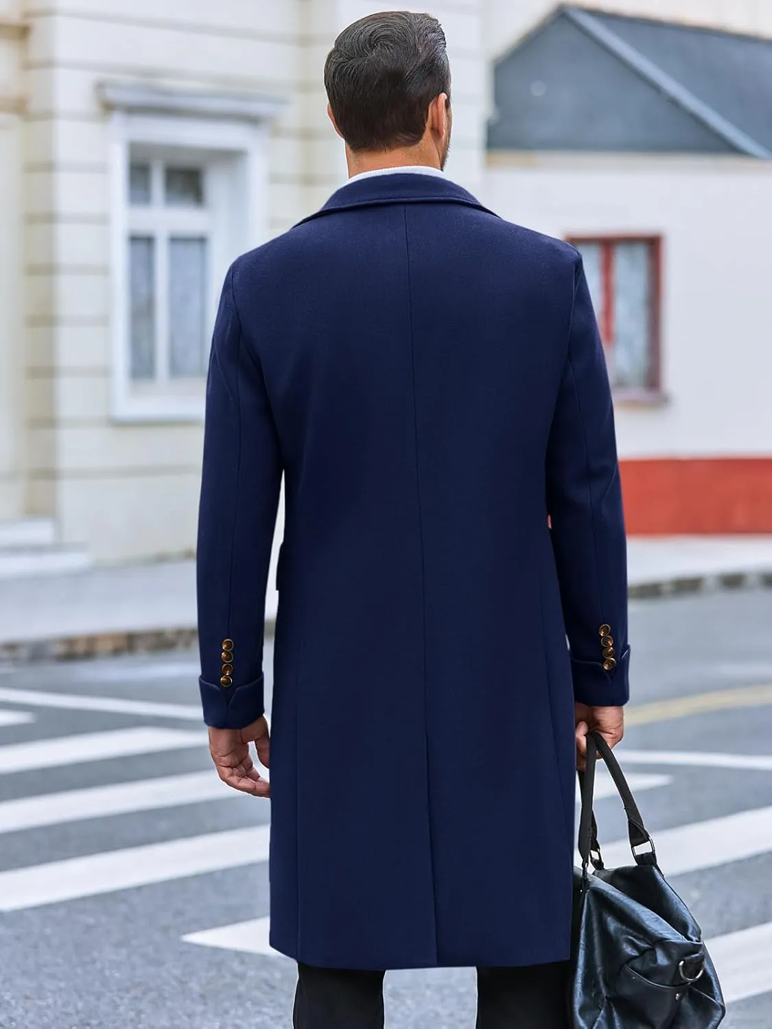 Runcati Mens Trench Coat Notch Lapel Slim Fit Double Breasted Wool Blend Long Pea Coat Winter Warm Overcoat