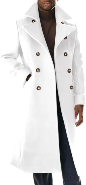 Runcati Mens Trench Coat Notch Lapel Slim Fit Double Breasted Wool Blend Long Pea Coat Winter Warm Overcoat