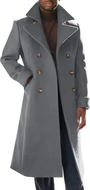Runcati Mens Trench Coat Notch Lapel Slim Fit Double Breasted Wool Blend Long Pea Coat Winter Warm Overcoat