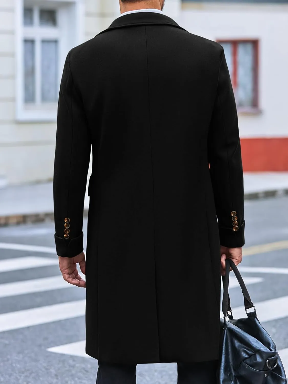 Runcati Mens Trench Coat Notch Lapel Slim Fit Double Breasted Wool Blend Long Pea Coat Winter Warm Overcoat