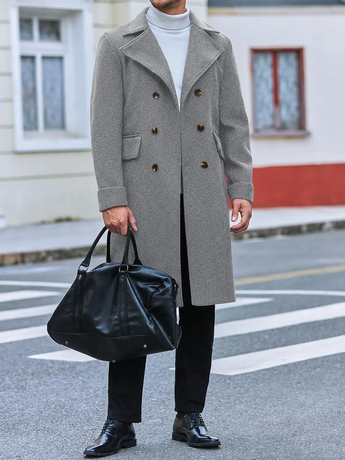 Runcati Mens Trench Coat Notch Lapel Slim Fit Double Breasted Wool Blend Long Pea Coat Winter Warm Overcoat