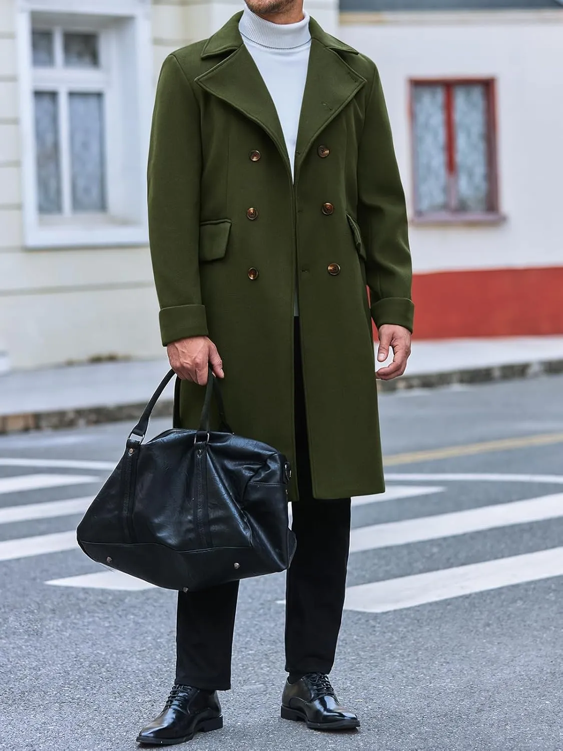 Runcati Mens Trench Coat Notch Lapel Slim Fit Double Breasted Wool Blend Long Pea Coat Winter Warm Overcoat