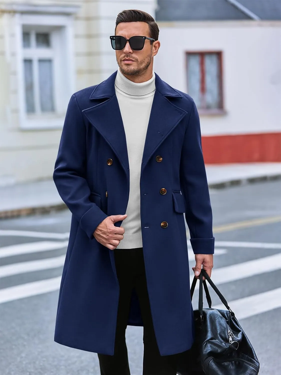 Runcati Mens Trench Coat Notch Lapel Slim Fit Double Breasted Wool Blend Long Pea Coat Winter Warm Overcoat