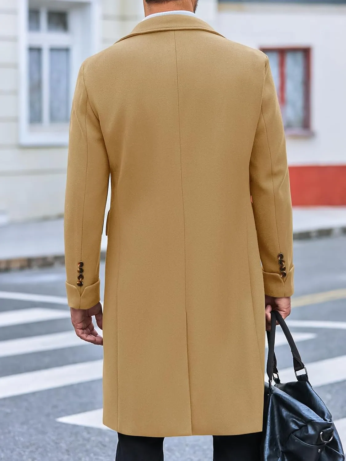 Runcati Mens Trench Coat Notch Lapel Slim Fit Double Breasted Wool Blend Long Pea Coat Winter Warm Overcoat