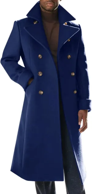 Runcati Mens Trench Coat Notch Lapel Slim Fit Double Breasted Wool Blend Long Pea Coat Winter Warm Overcoat