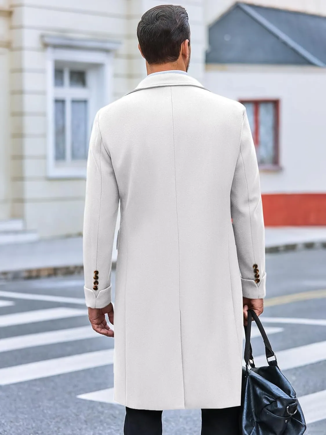 Runcati Mens Trench Coat Notch Lapel Slim Fit Double Breasted Wool Blend Long Pea Coat Winter Warm Overcoat