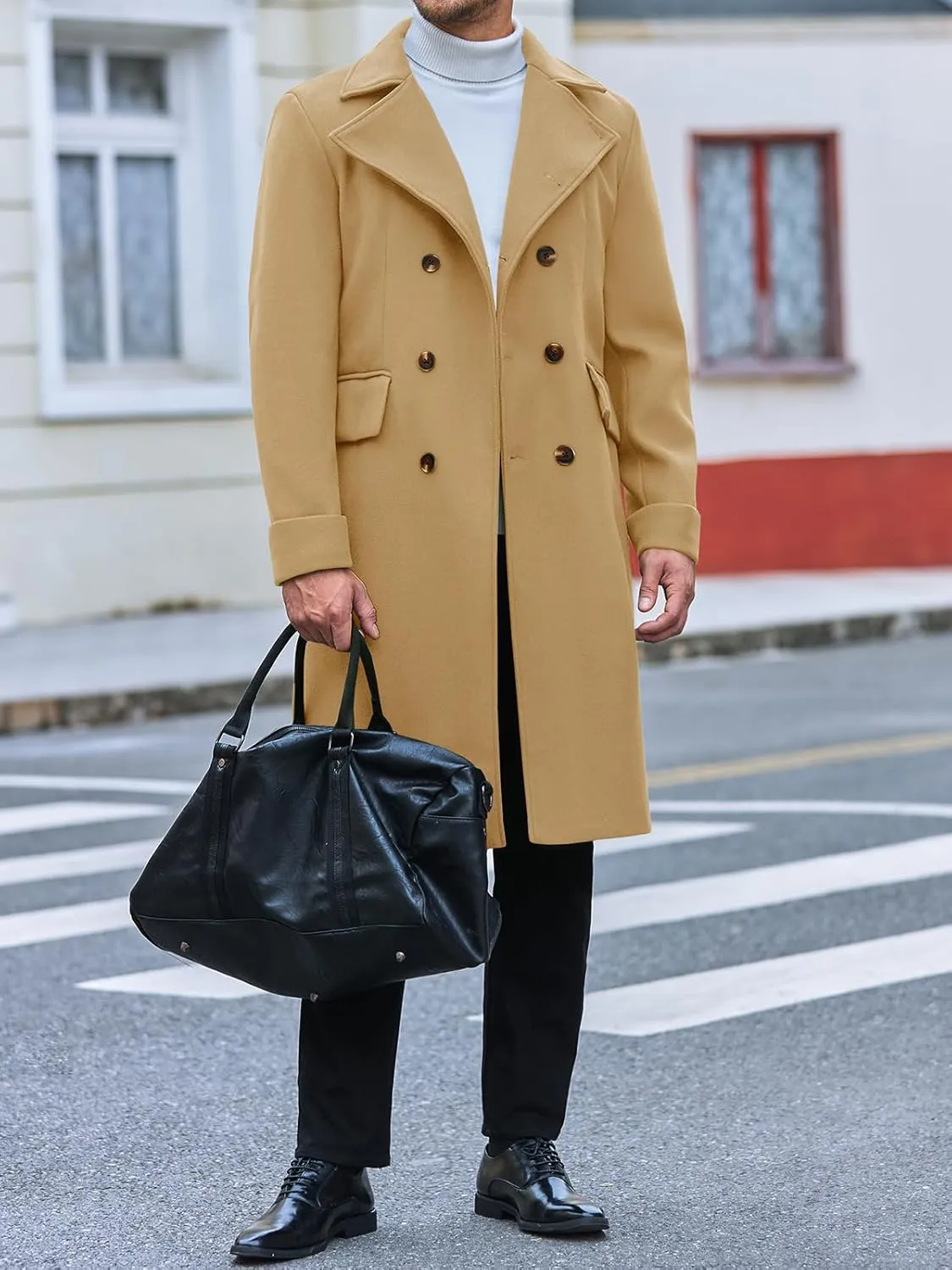 Runcati Mens Trench Coat Notch Lapel Slim Fit Double Breasted Wool Blend Long Pea Coat Winter Warm Overcoat