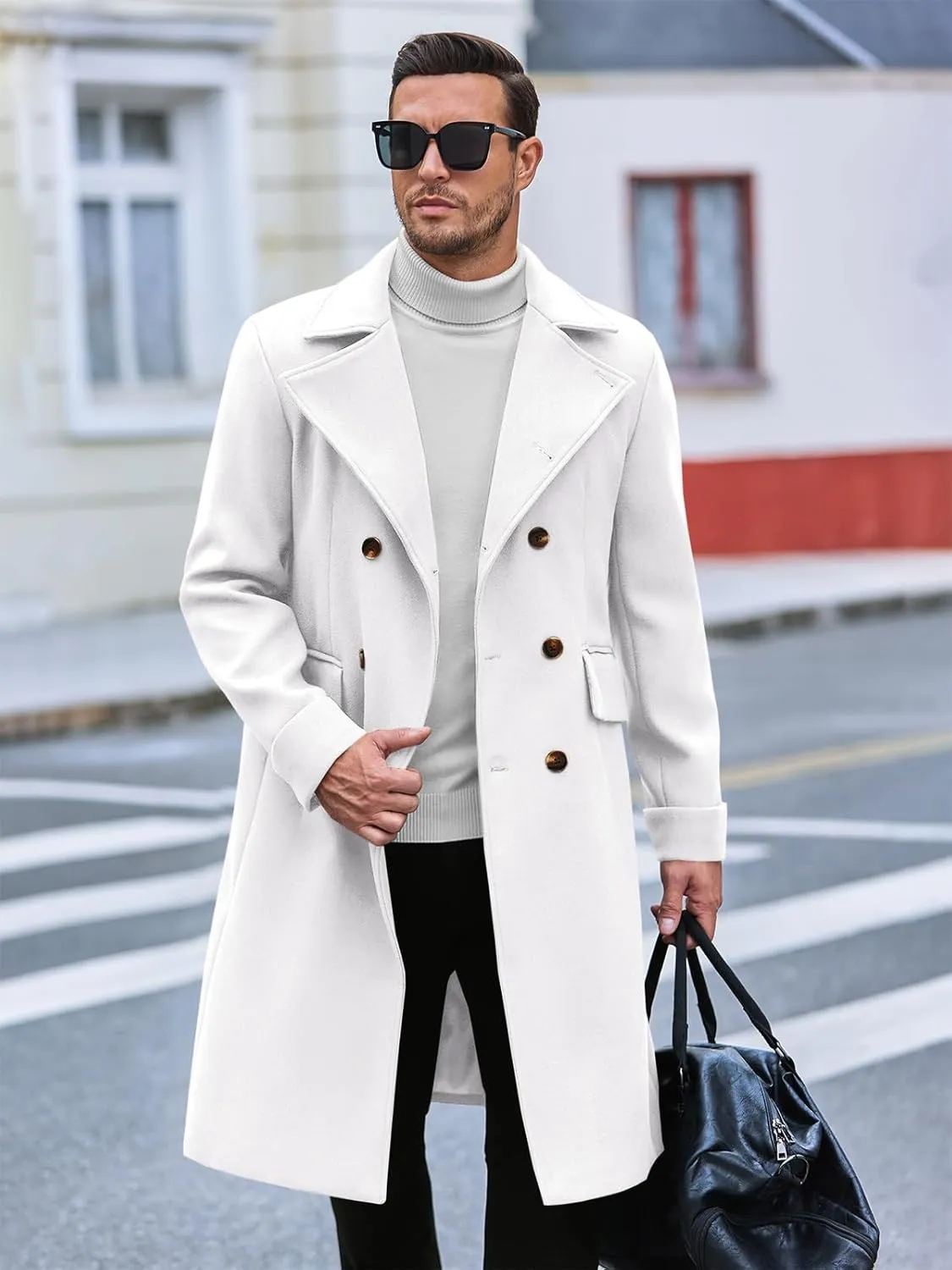 Runcati Mens Trench Coat Notch Lapel Slim Fit Double Breasted Wool Blend Long Pea Coat Winter Warm Overcoat
