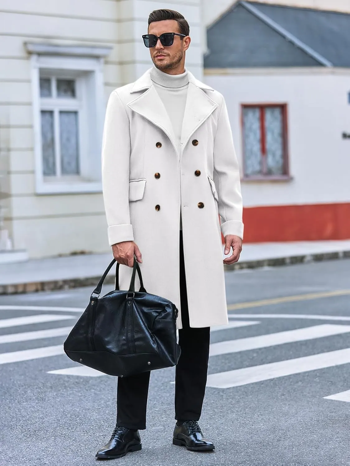 Runcati Mens Trench Coat Notch Lapel Slim Fit Double Breasted Wool Blend Long Pea Coat Winter Warm Overcoat