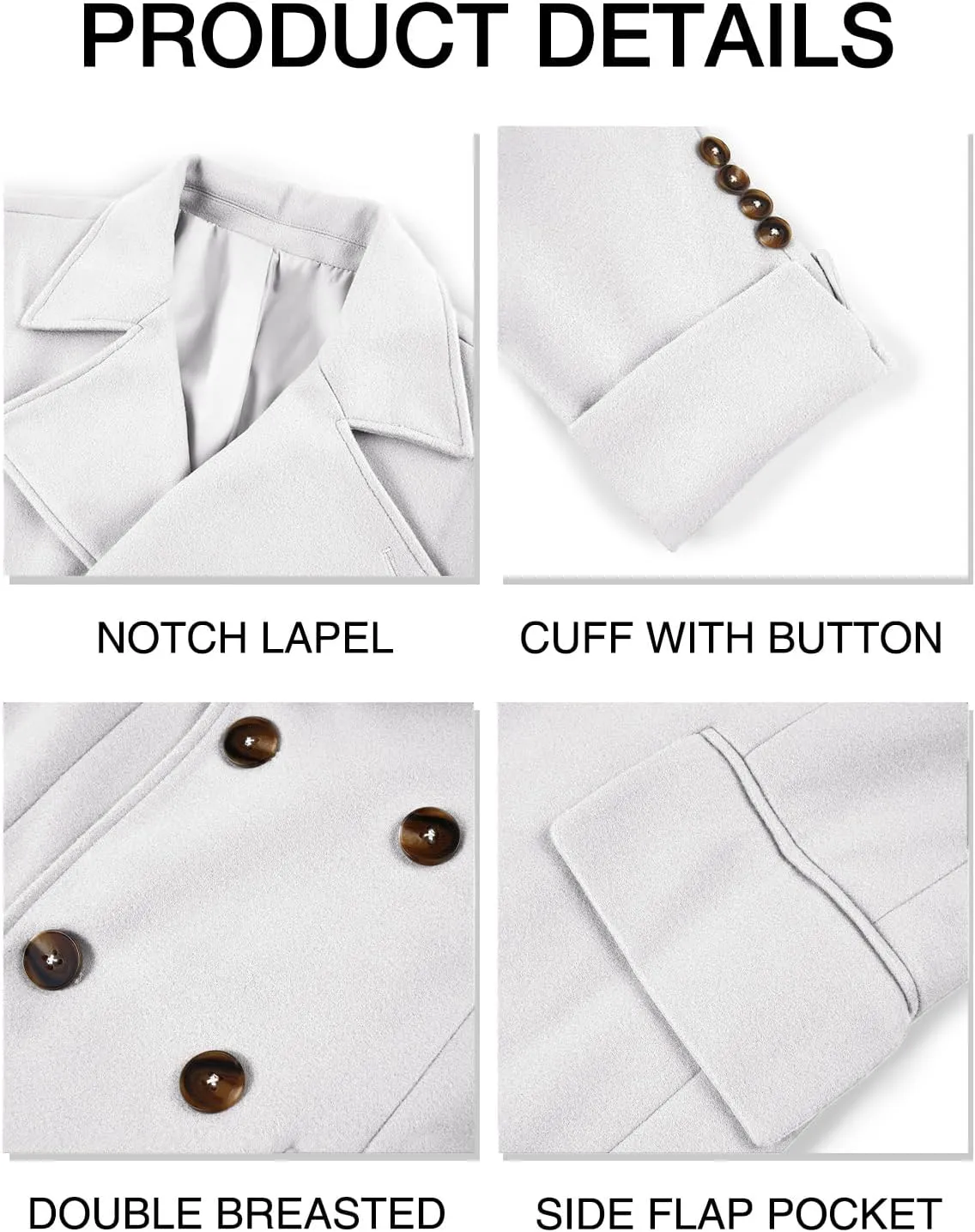 Runcati Mens Trench Coat Notch Lapel Slim Fit Double Breasted Wool Blend Long Pea Coat Winter Warm Overcoat