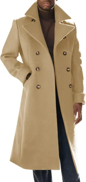 Runcati Mens Trench Coat Notch Lapel Slim Fit Double Breasted Wool Blend Long Pea Coat Winter Warm Overcoat