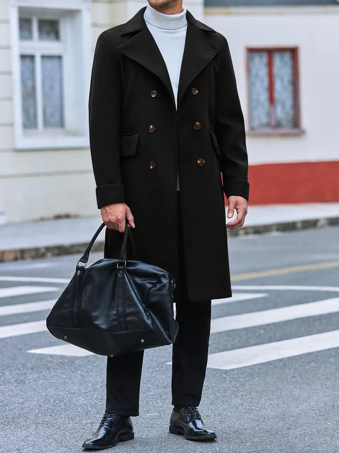 Runcati Mens Trench Coat Notch Lapel Slim Fit Double Breasted Wool Blend Long Pea Coat Winter Warm Overcoat