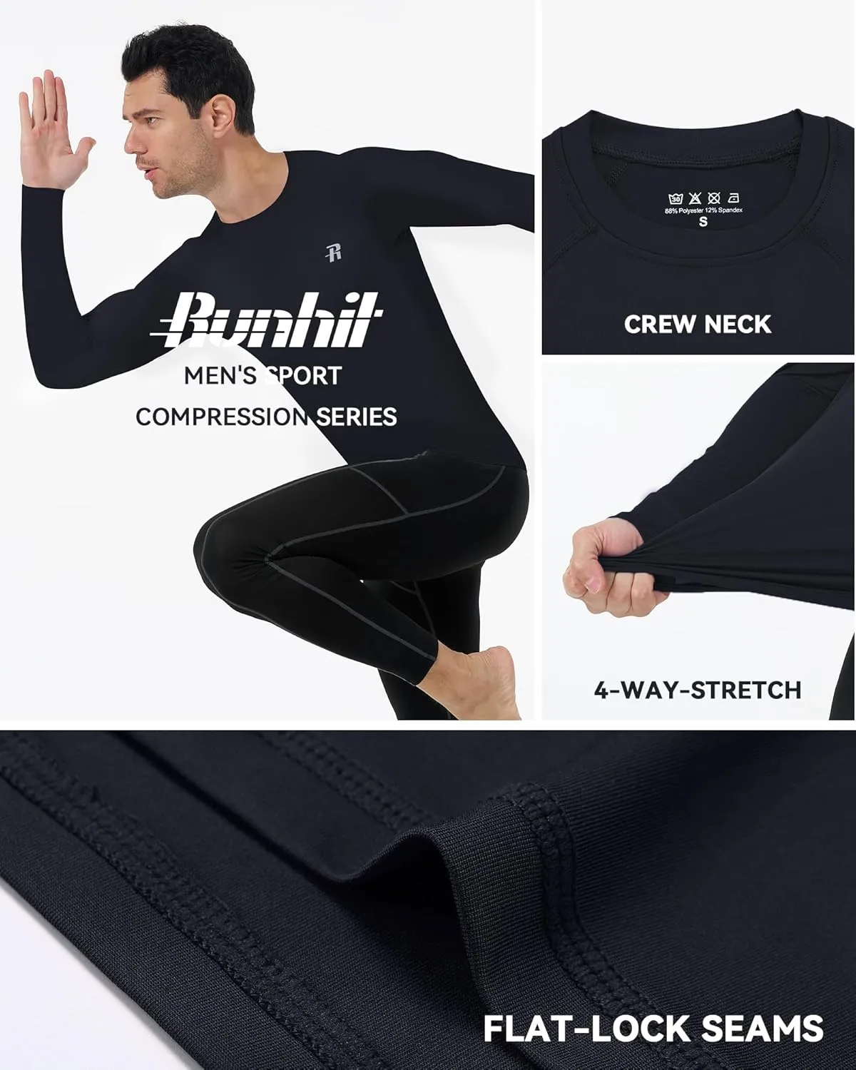 Runhit Long Sleeve Compression Shirts for Men, UPF 50  Men's Compression Shirts, Running Athletic Workout Base Layer