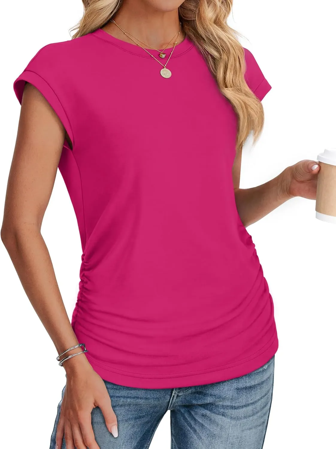 SAMPEEL Womens Summer Tops Trendy 2025 Ruched Cap Short Sleeve Tshirts Shirts Crew Neck T Shirts Fashion