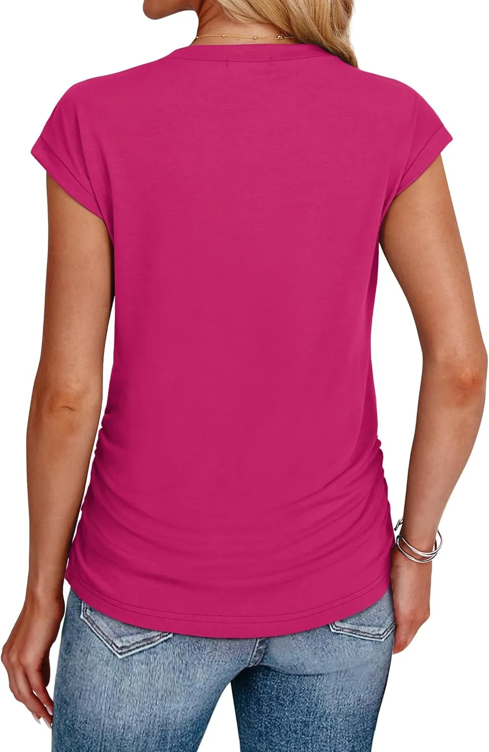 SAMPEEL Womens Summer Tops Trendy 2025 Ruched Cap Short Sleeve Tshirts Shirts Crew Neck T Shirts Fashion