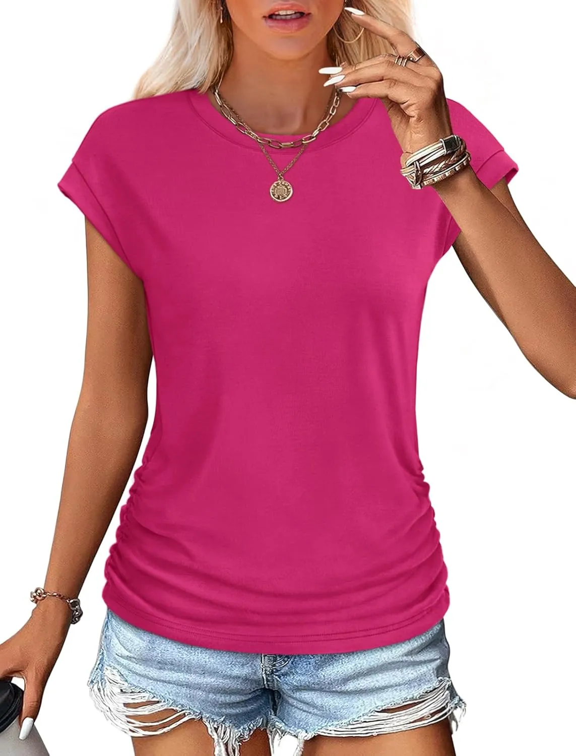 SAMPEEL Womens Summer Tops Trendy 2025 Ruched Cap Short Sleeve Tshirts Shirts Crew Neck T Shirts Fashion