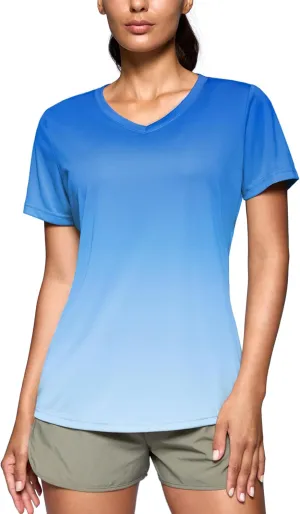 SANTINY Women's V Neck Short Sleeve Shirts Uv Protectioin Moisture Wicking Hiking Workout Athletic T Shirts for Women