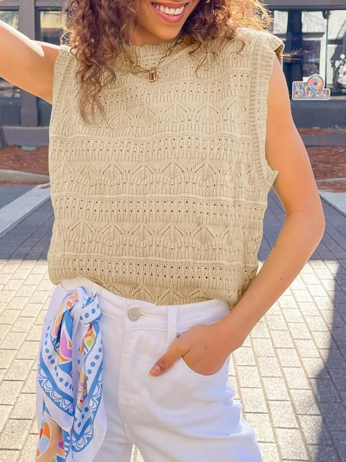 Saodimallsu Womens Sleeveless Sweater Vest High Neck Eyelet Knit Summer Going Out Trendy Casual Scalloped Tank Tops