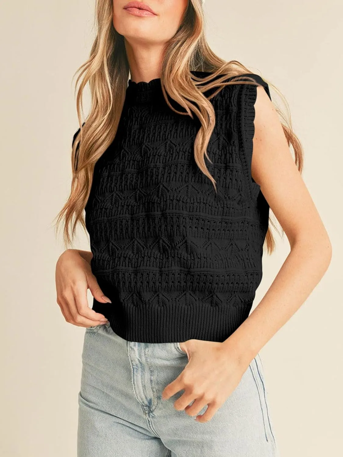 Saodimallsu Womens Sleeveless Sweater Vest High Neck Eyelet Knit Summer Going Out Trendy Casual Scalloped Tank Tops