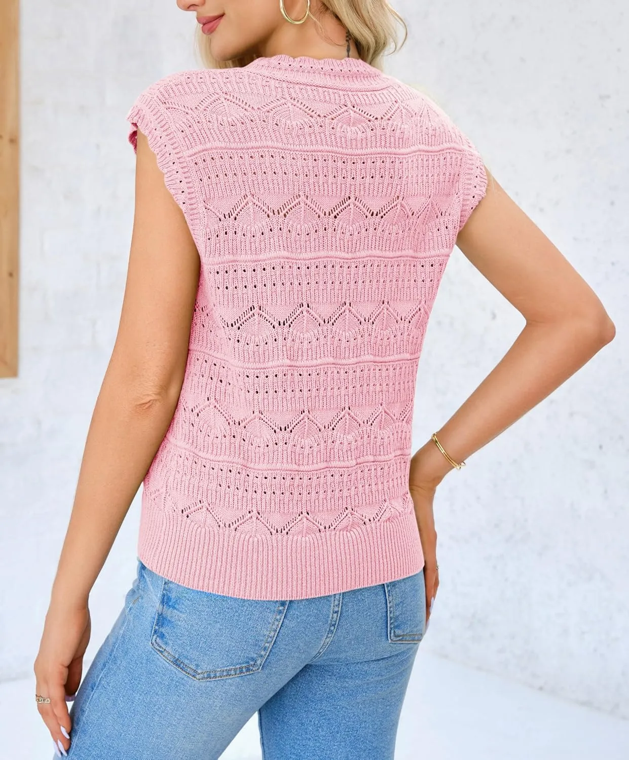 Saodimallsu Womens Sleeveless Sweater Vest High Neck Eyelet Knit Summer Going Out Trendy Casual Scalloped Tank Tops