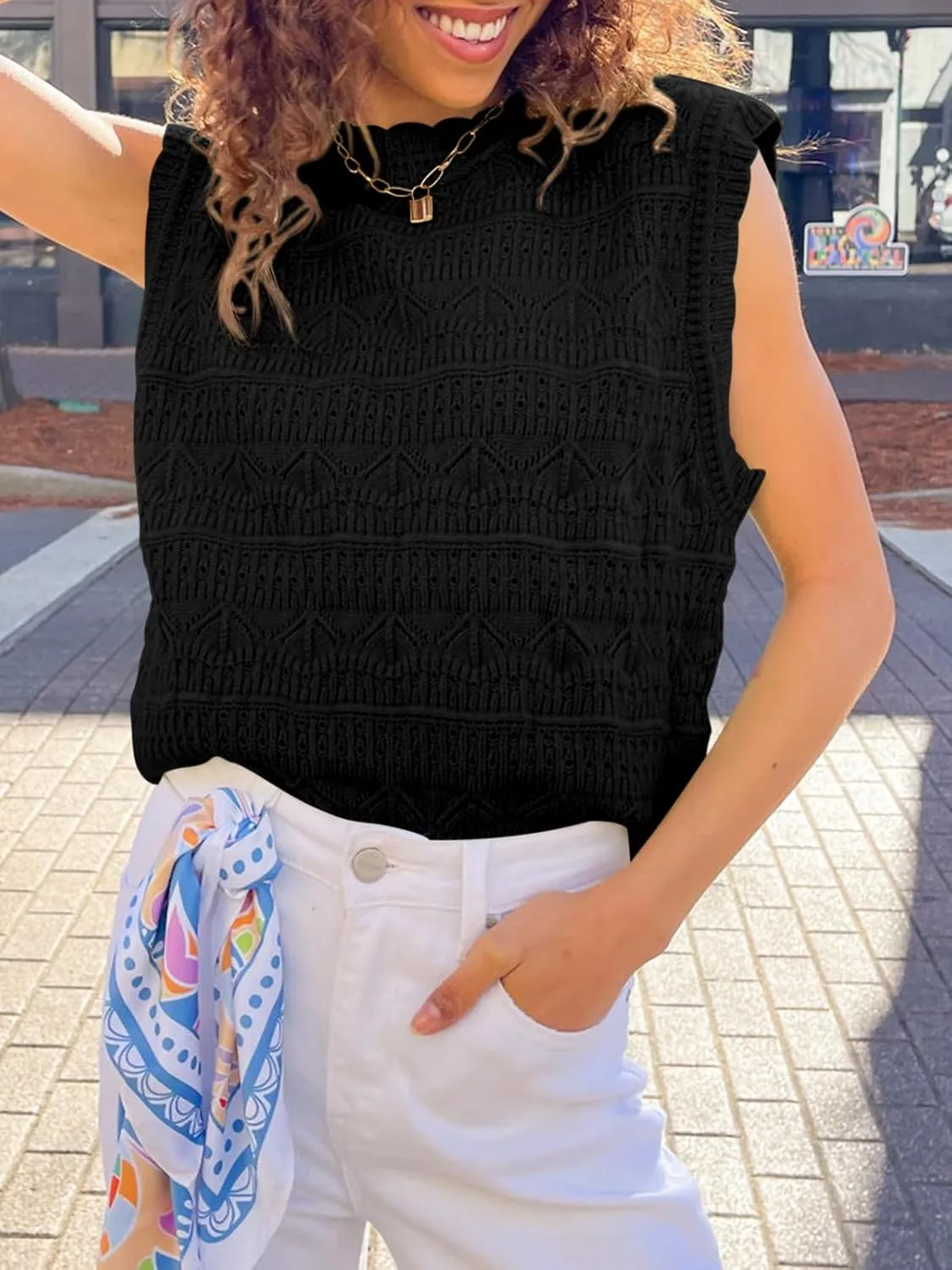 Saodimallsu Womens Sleeveless Sweater Vest High Neck Eyelet Knit Summer Going Out Trendy Casual Scalloped Tank Tops