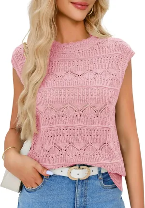 Saodimallsu Womens Sleeveless Sweater Vest High Neck Eyelet Knit Summer Going Out Trendy Casual Scalloped Tank Tops