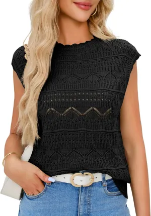 Saodimallsu Womens Sleeveless Sweater Vest High Neck Eyelet Knit Summer Going Out Trendy Casual Scalloped Tank Tops