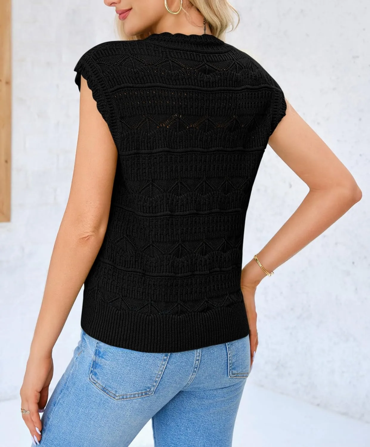 Saodimallsu Womens Sleeveless Sweater Vest High Neck Eyelet Knit Summer Going Out Trendy Casual Scalloped Tank Tops