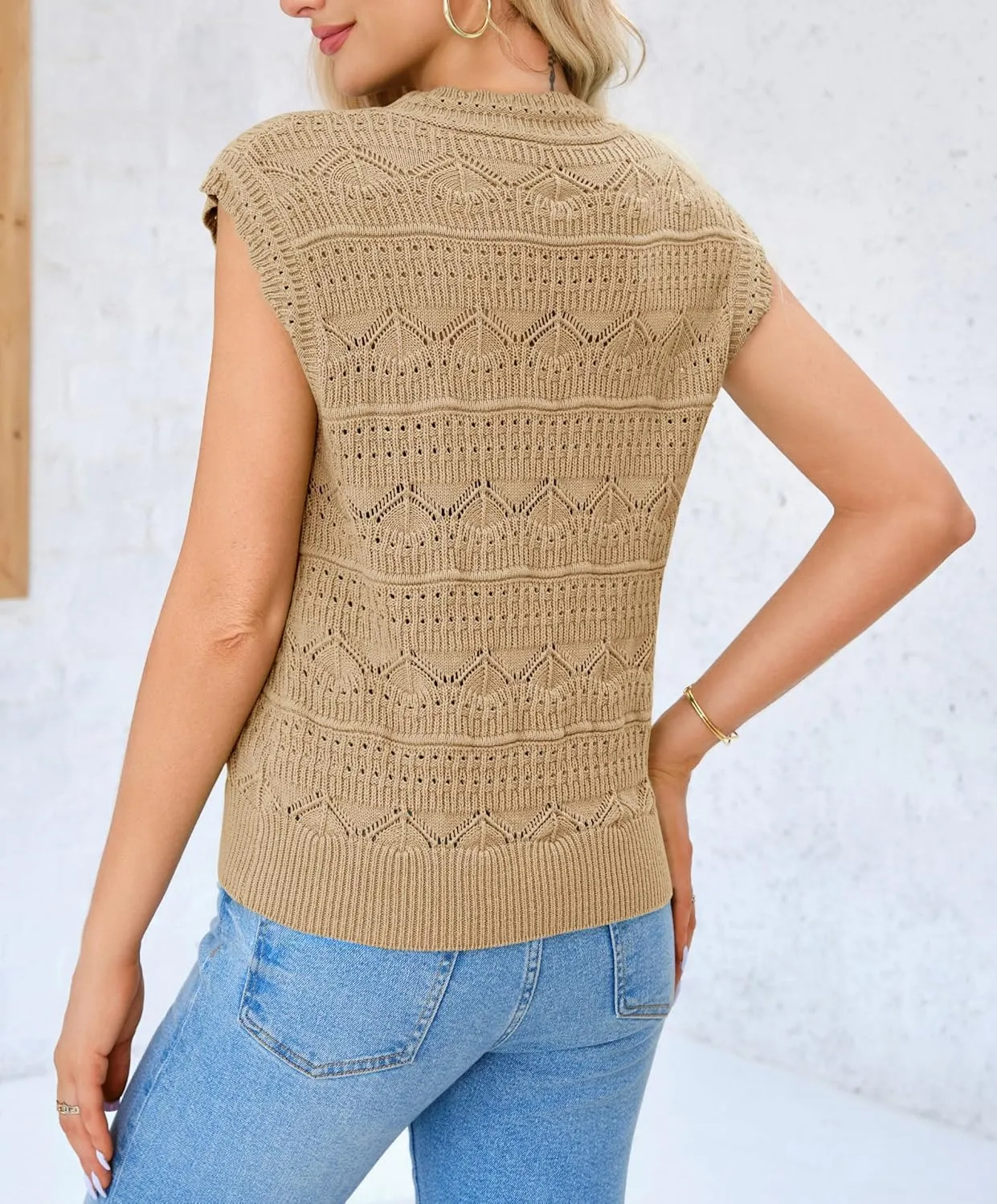 Saodimallsu Womens Sleeveless Sweater Vest High Neck Eyelet Knit Summer Going Out Trendy Casual Scalloped Tank Tops