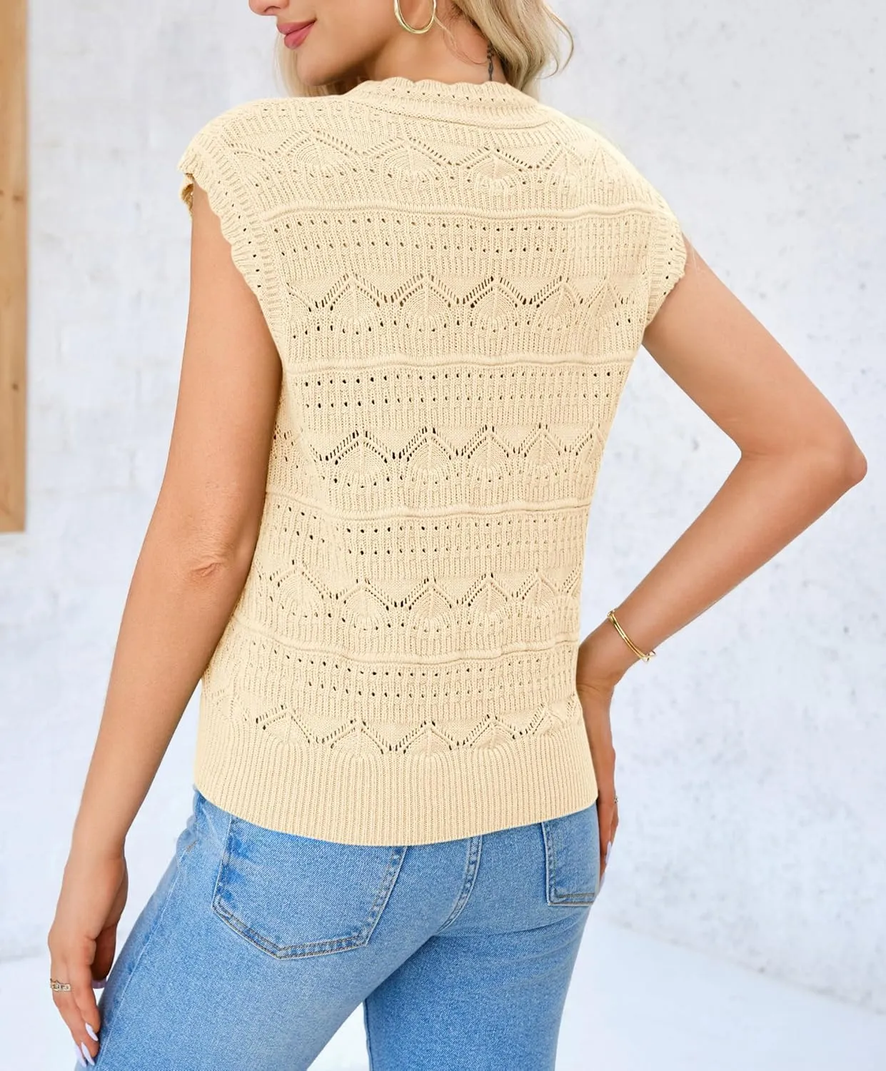 Saodimallsu Womens Sleeveless Sweater Vest High Neck Eyelet Knit Summer Going Out Trendy Casual Scalloped Tank Tops