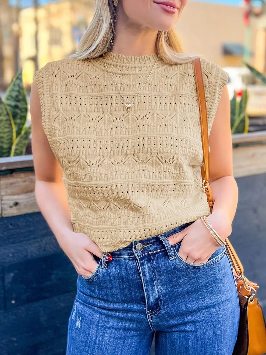 Saodimallsu Womens Sleeveless Sweater Vest High Neck Eyelet Knit Summer Going Out Trendy Casual Scalloped Tank Tops