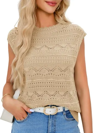 Saodimallsu Womens Sleeveless Sweater Vest High Neck Eyelet Knit Summer Going Out Trendy Casual Scalloped Tank Tops