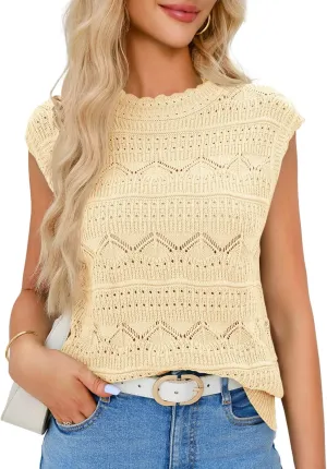 Saodimallsu Womens Sleeveless Sweater Vest High Neck Eyelet Knit Summer Going Out Trendy Casual Scalloped Tank Tops