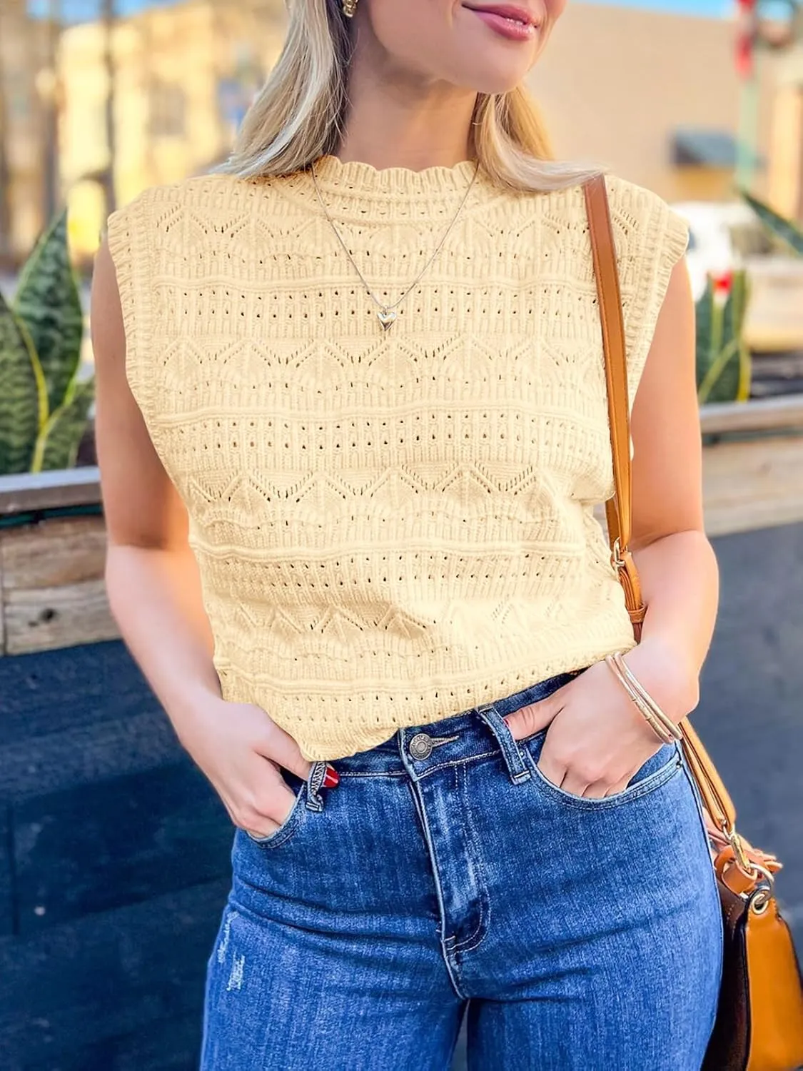 Saodimallsu Womens Sleeveless Sweater Vest High Neck Eyelet Knit Summer Going Out Trendy Casual Scalloped Tank Tops
