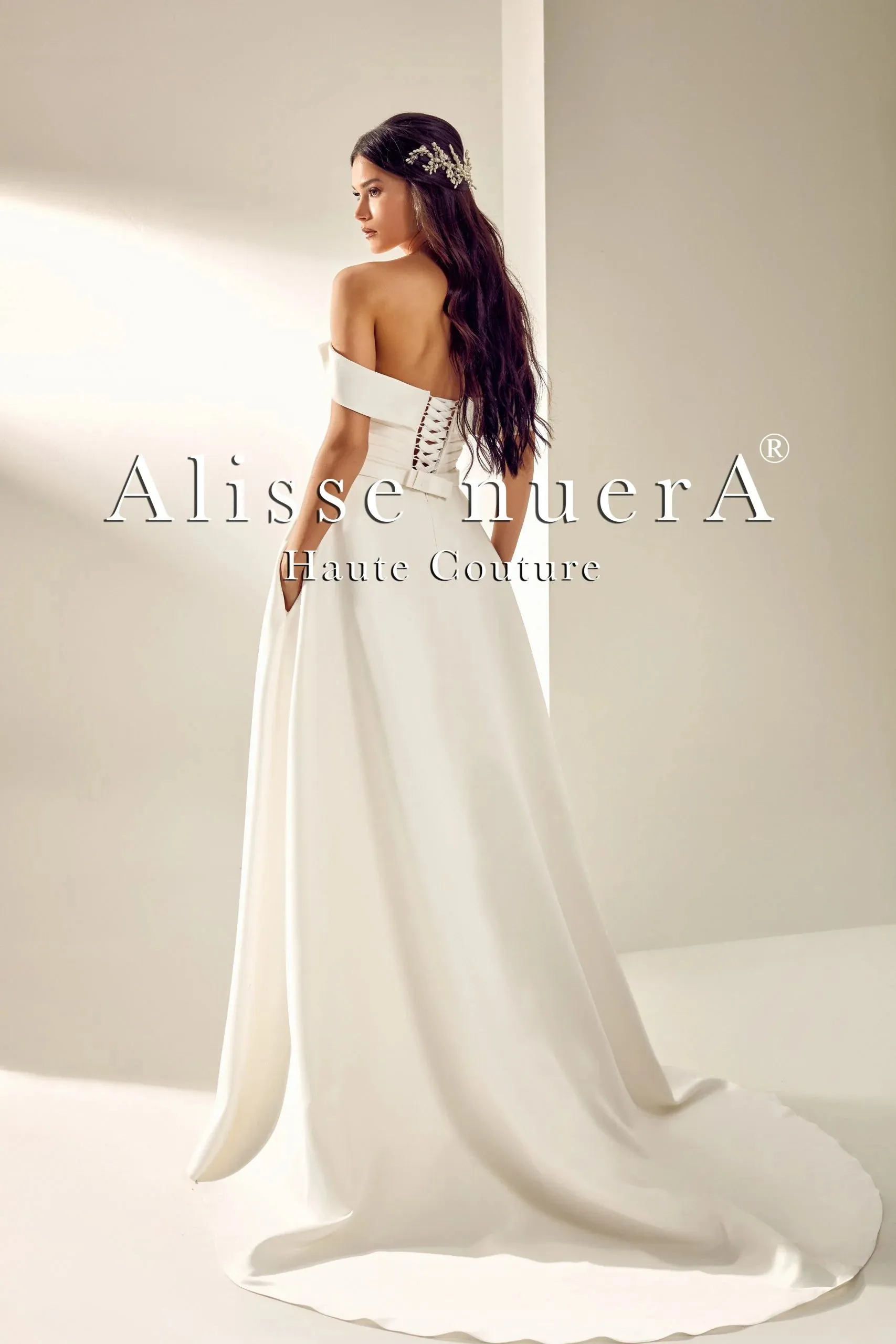 Satin Sweetheart Off Shoulder Draped Wrap Around Wedding Dress