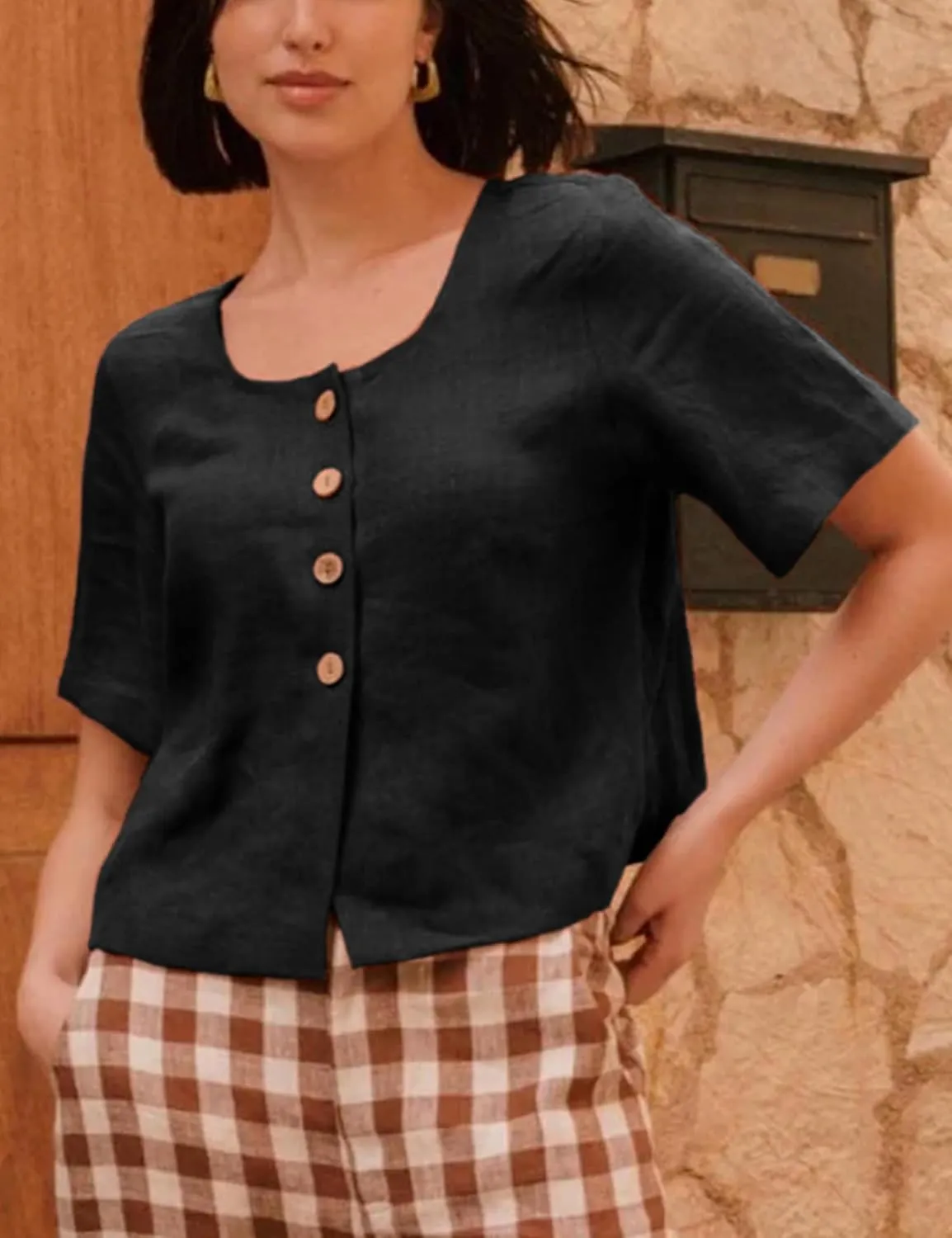 SCUSTY Women's Cotton Linen Short Sleeve Button-Up Shirts Square Round Neck Casual Summer Cardigan Lightweight Loose Crop Top