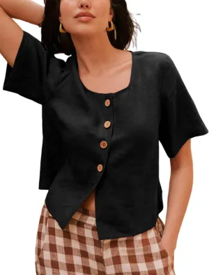 SCUSTY Women's Cotton Linen Short Sleeve Button-Up Shirts Square Round Neck Casual Summer Cardigan Lightweight Loose Crop Top