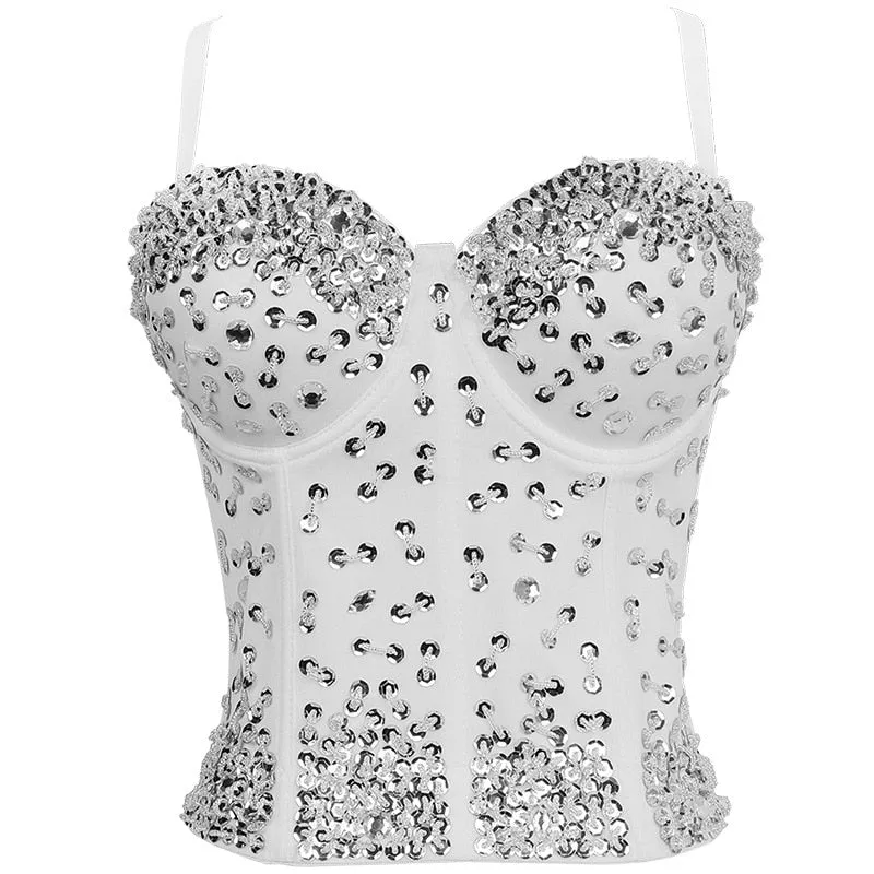 Sexy Luxury Sequined Rhinestone Tank Top Women Clothes Quality Party Corset Woman Bra Camis Blusas High End Crop Tops Ladies