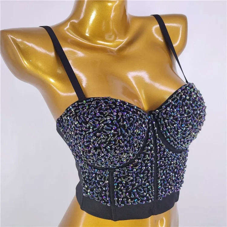 Sexy Luxury Sequined Rhinestone Tank Top Women Clothes Quality Party Corset Woman Bra Camis Blusas High End Crop Tops Ladies