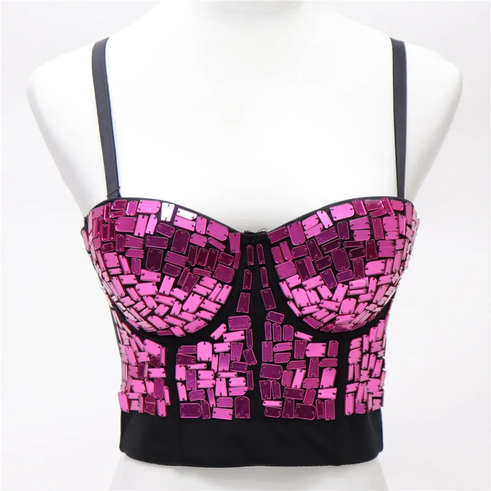 Sexy Luxury Sequined Rhinestone Tank Top Women Clothes Quality Party Corset Woman Bra Camis Blusas High End Crop Tops Ladies
