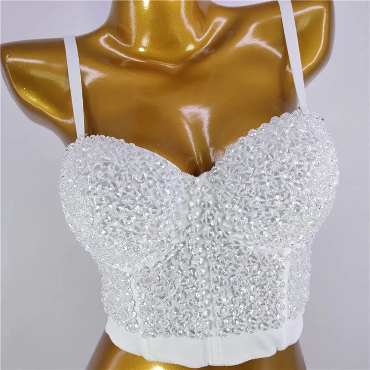 Sexy Luxury Sequined Rhinestone Tank Top Women Clothes Quality Party Corset Woman Bra Camis Blusas High End Crop Tops Ladies