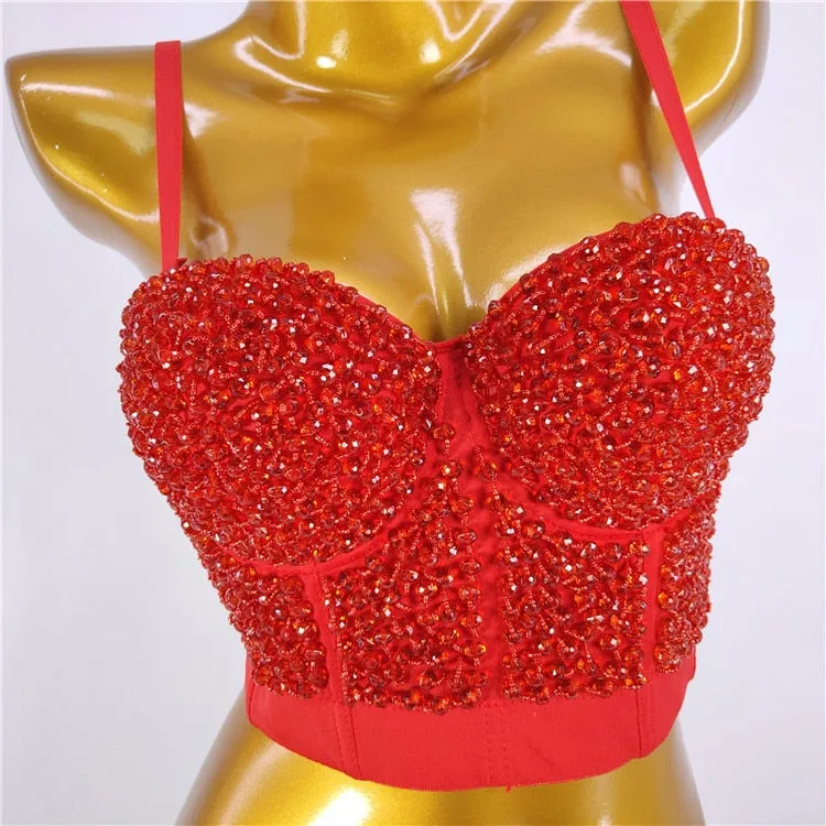 Sexy Luxury Sequined Rhinestone Tank Top Women Clothes Quality Party Corset Woman Bra Camis Blusas High End Crop Tops Ladies