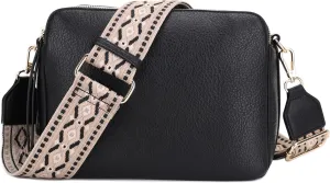 SG SUGU Triple Compartment Crossbody Bag for Women Trendy Vegan Leather Shoulder Bag with 2 inch Wide Guitar Strap